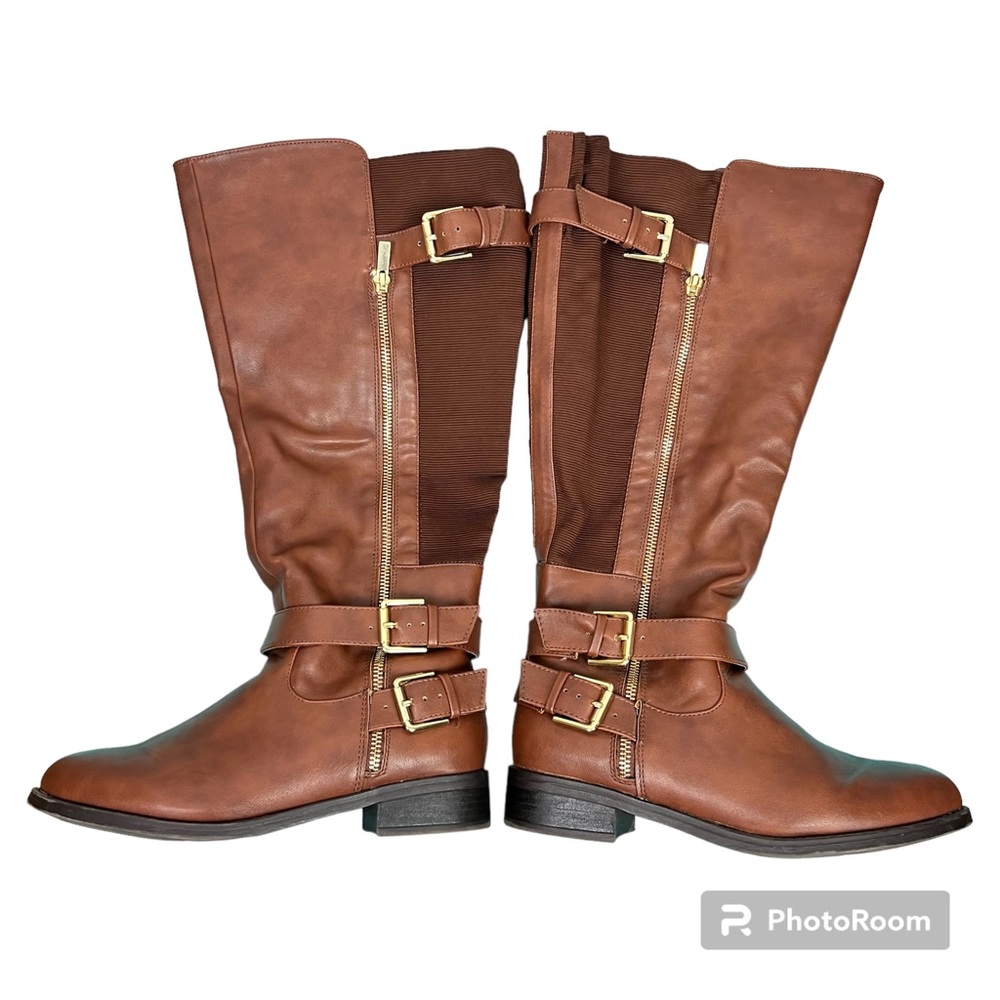 TORRID Women’s Knee High Tan Leather Riding Boots Zip Up Buckle Elastic Size 8
